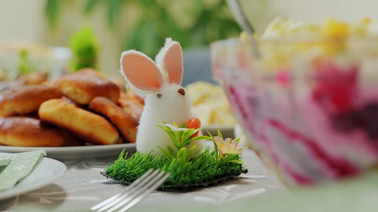 Festive meal setup featuring Eastern European cuisine and bright spring elements