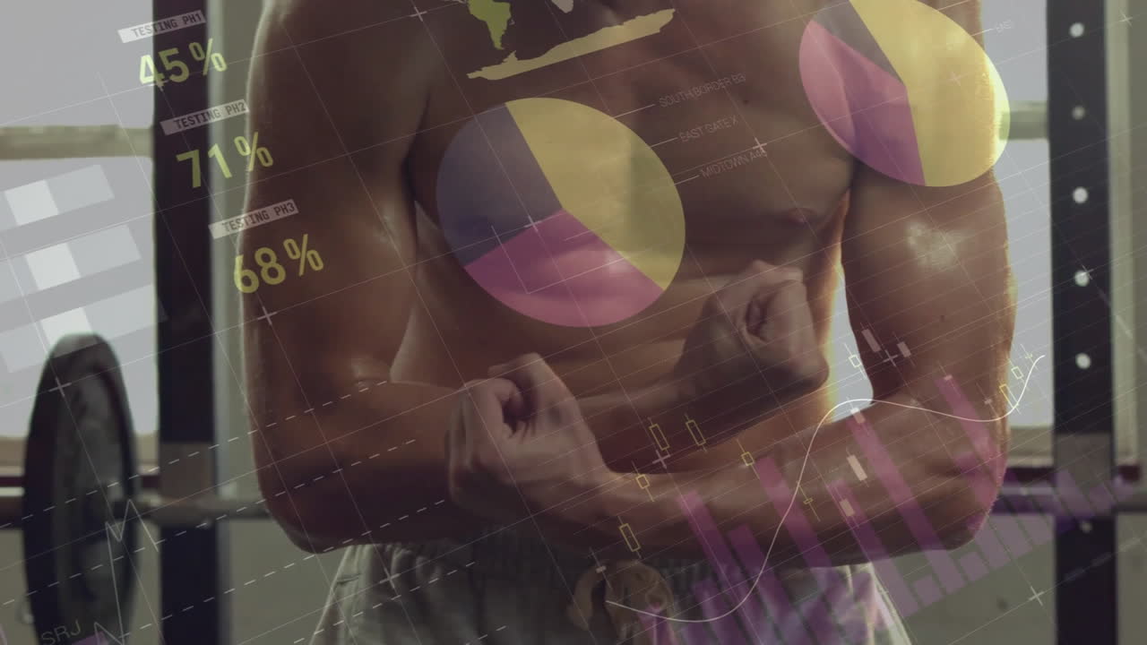 animación de procesamiento de datos y diagramas sobre hombre caucásico haciendo ejercicio en el gimnasio
