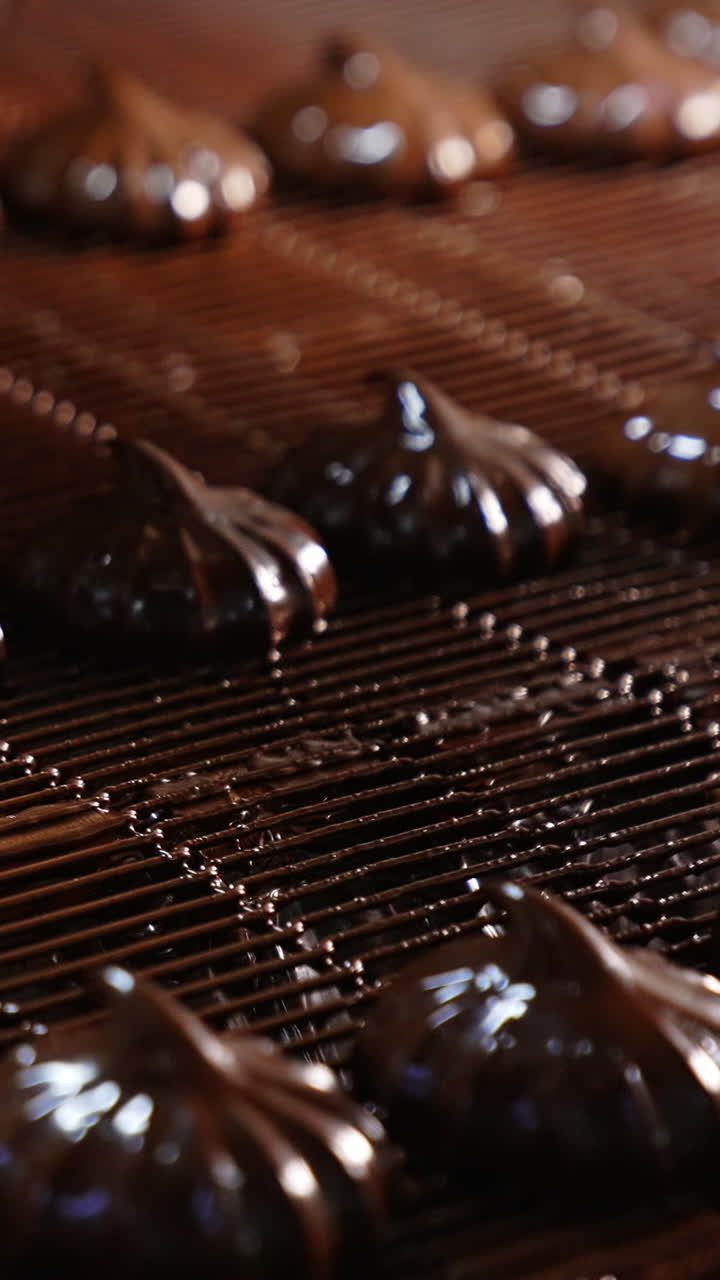 Shining marshmallows in chocolate coating move along the conveyor belt. Automated production of sweets at the factory. Close up. Vertical video