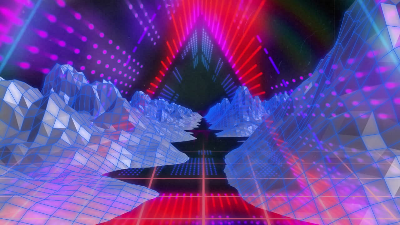 animación de formas caleidoscópicas en movimiento brillantes y paisajes sobre fondo negro