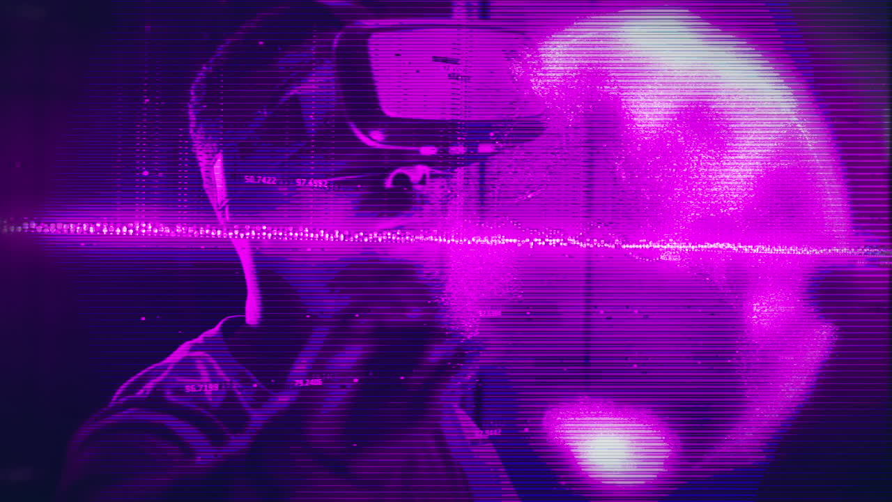 Animazione di sfumatura viola e globo su lavoratore maschio afroamericano che usa un visore VR.