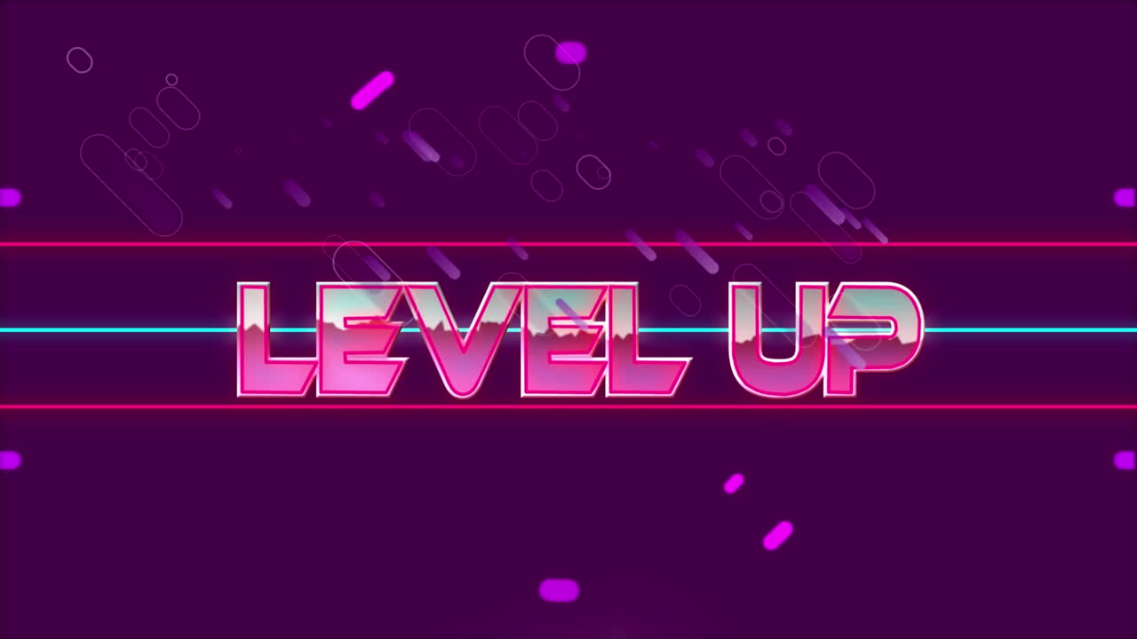 animación del texto de nivel en letras rosadas metálicas sobre círculos púrpuras