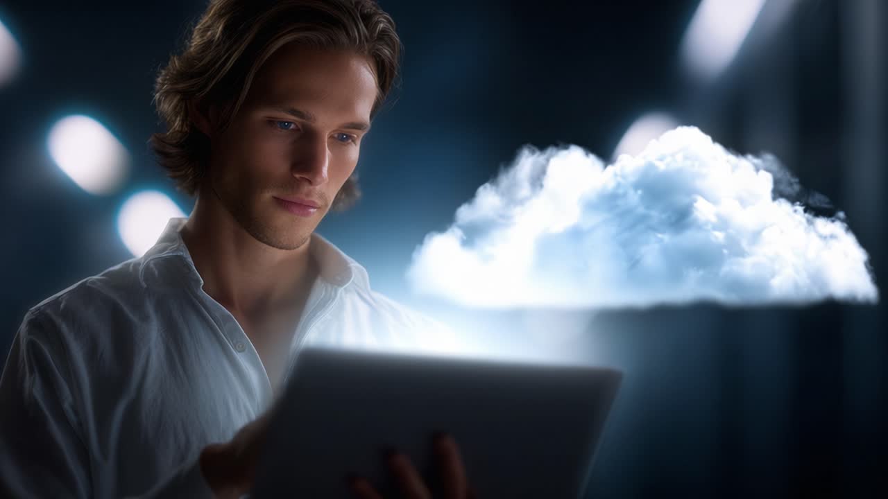 A Young Man Engaged in Digital Interaction with a Cloud Concept on His Tablet, Captivated by the Ethereal Visual Display of Technology and Imagination