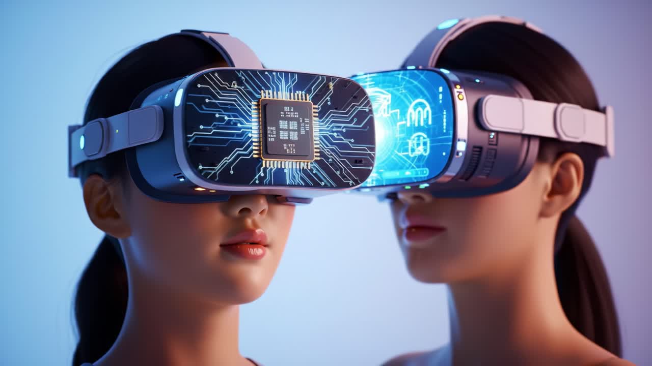 A person engages with advanced virtual reality technology, showcasing immersive experiences and futuristic designs in a controlled environment.
