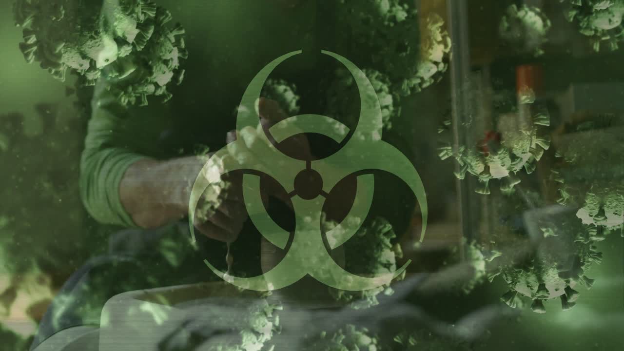 Man reaching into basin, scooping sample for health test while biohazard overlay remaining