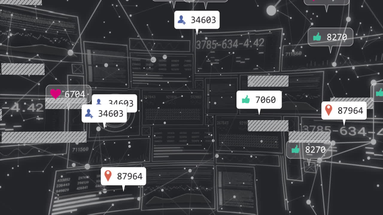 Social media metric icons floating over panels, linking charts, counters and nodes in flat design