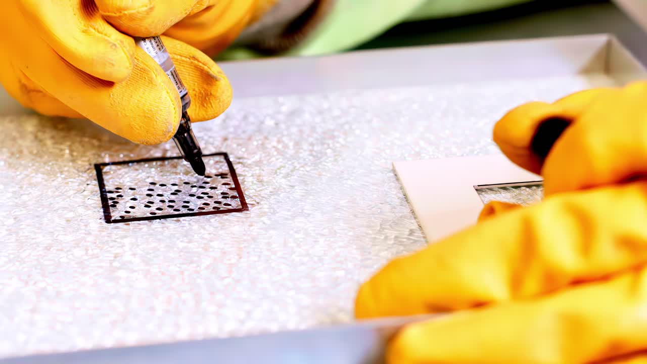 創造的なプロセスにおいて、ガラスビーズにステンシルで印を付ける作業員