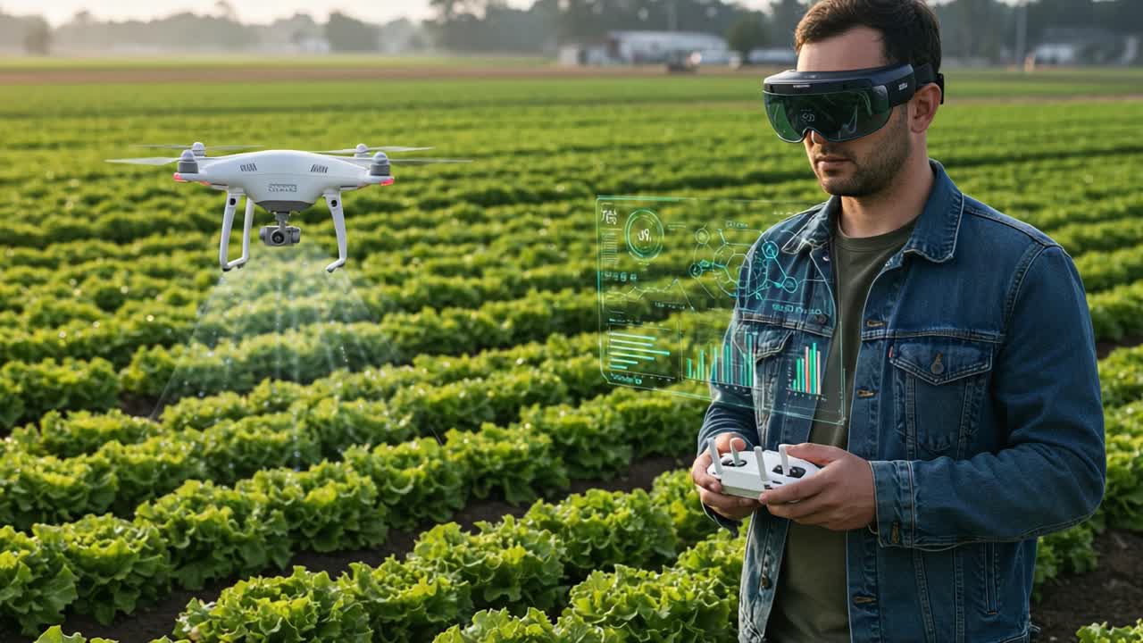 Harnessing Technology in Agriculture: A Farmer Using Augmented Reality and Drones for Precision Farming and Crop Management in a Lush Green Field