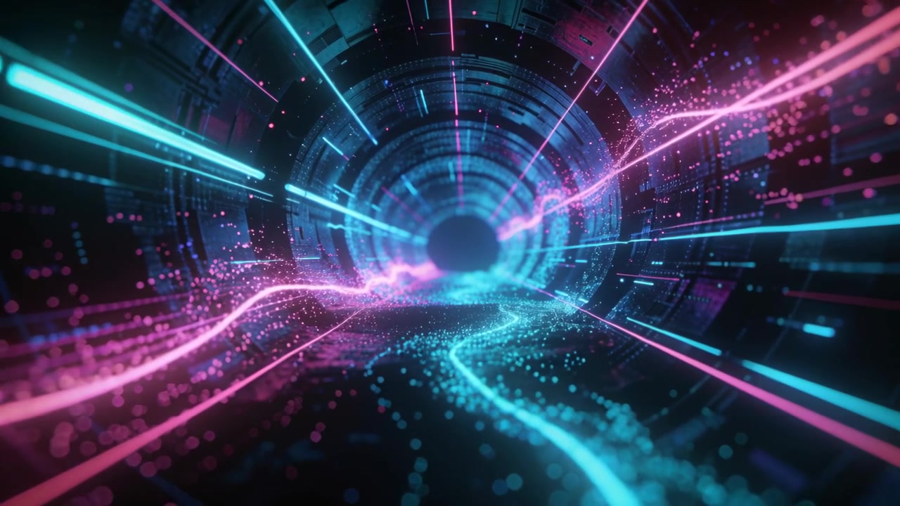 Centering view, cyan magenta ribbons advancing to central void in tunnel, adding depth, particles
