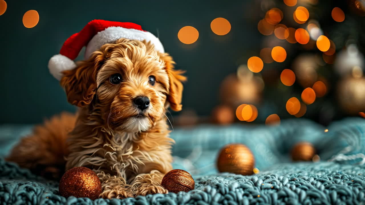 Puppy in Christmas hat. A fluffy puppy wears a Santa hat while lying on a cozy blanket surrounded by Christmas ornaments and lights