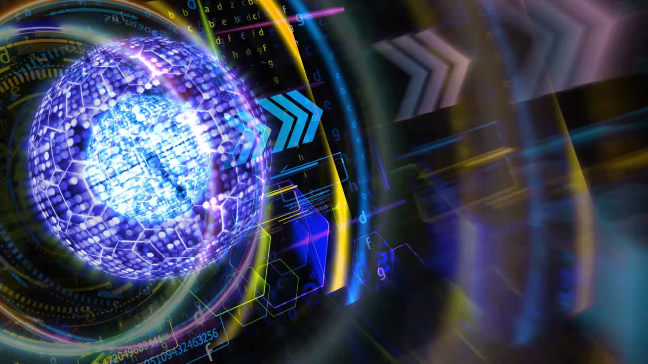 core milllion spot light and hexagon wire quantum futuristic computer technology with digital matrix dimension ring colorful template and laser moving out
