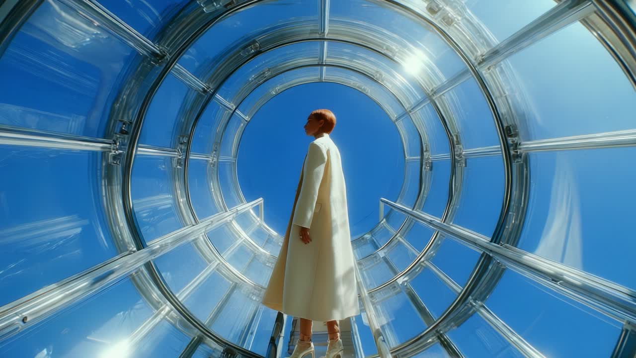 A Stunning Perspective of a Figure Inside a Modern Glass Structure Underneath a Clear Blue Sky, Capturing the Essence of Minimalism and Architectural Elegance