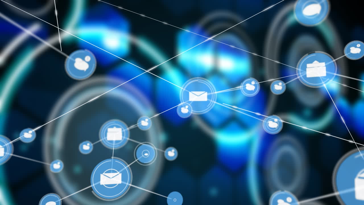 Animation of network of connections with icons over shapes on black background