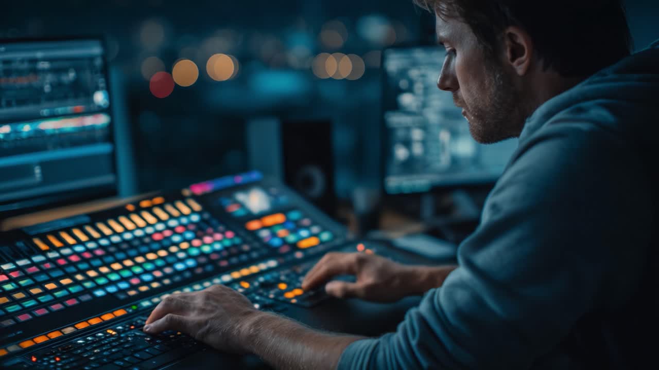 A Concentrated Audio Engineer Masterfully Mixing Sounds at a Digital Workstation Amidst a Glowing Interface of Colorful Controls and Screens at Night