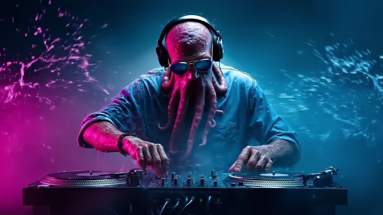 A man in a blue shirt and headphones playing a dj set