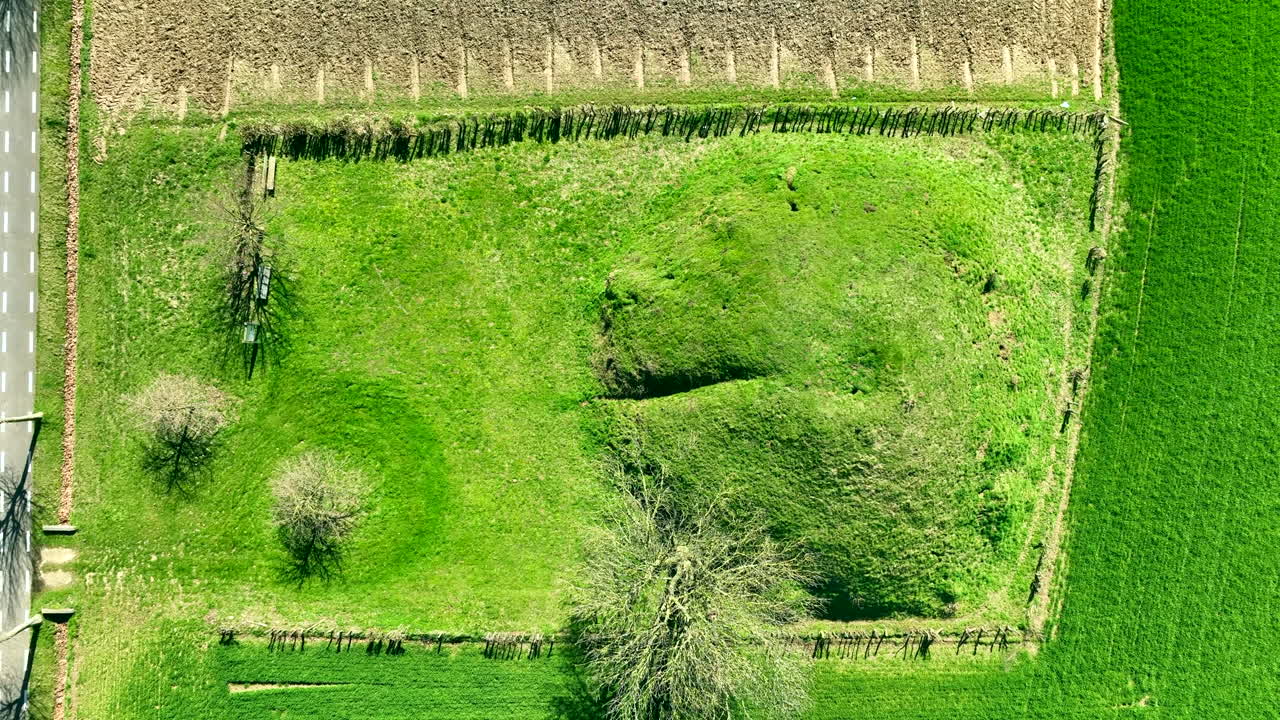 Aerial birdseye rsing from Tumulus of Koninksem, Tongeren, Belgium