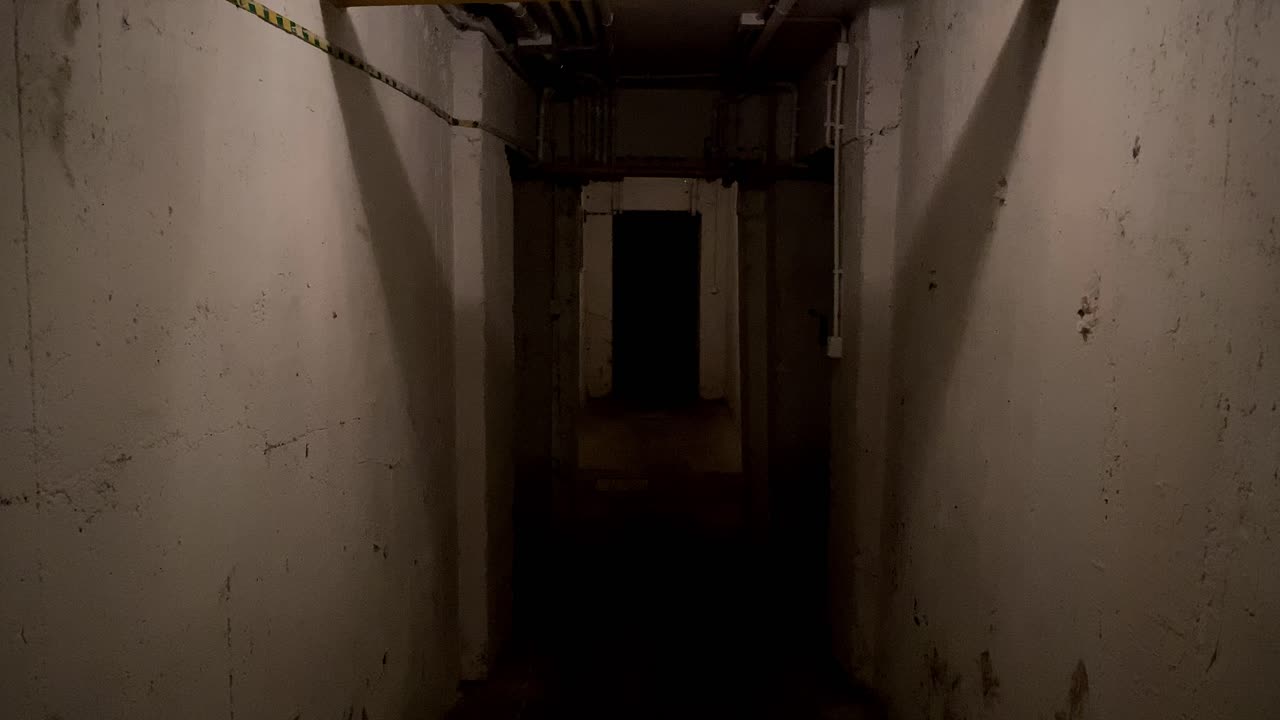 Thick yellow pipe connects two walls in a dark cellar with a dirty floor and walls