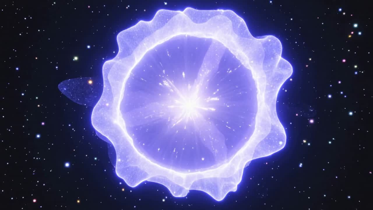 Nucleo energetico viola-blu che si gonfia, avviando la formazione di una membrana in un campo stellare, mostrando scintille.