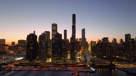 aerial view of the lakefront cityscape in chicago, winter evening in illinois, usa