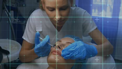 Animation-of-grid-with-nurse-and-patient-in-background
