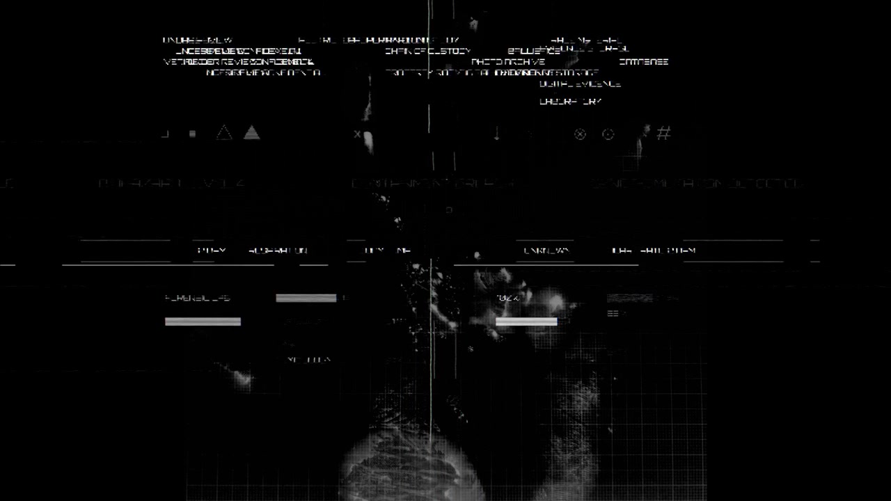 A minimalist monochromatic digital terminal visualizing a biohazard containment breach and genetic mutation sequence under confidential review.