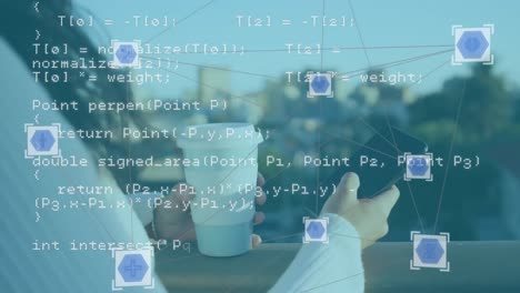 Web-of-connections-icons-and-data-processing-against-woman-using-smartphone