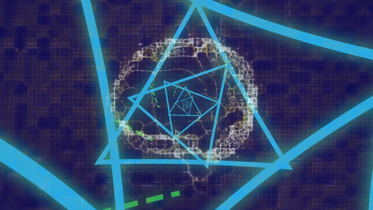 어두운 파란색 배경에 인간의 뇌와 기하학적 모양의 애니메이션