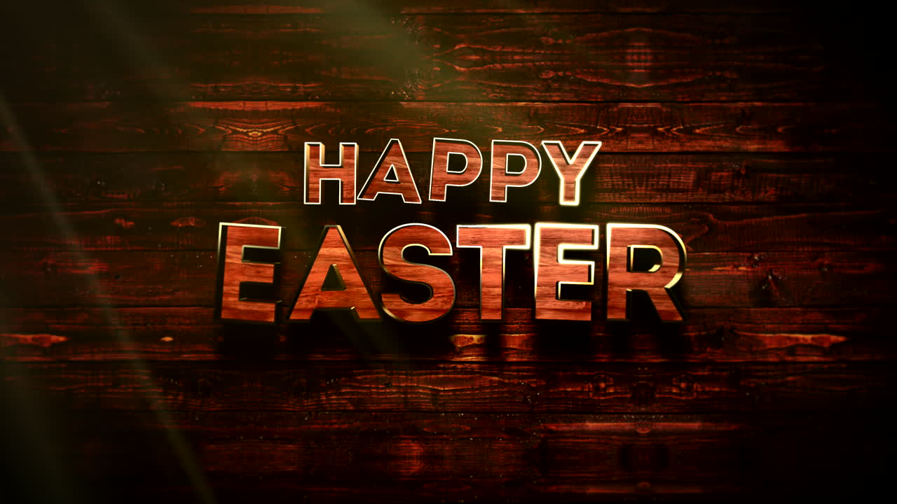 Happy Easter text on wood with sun rays