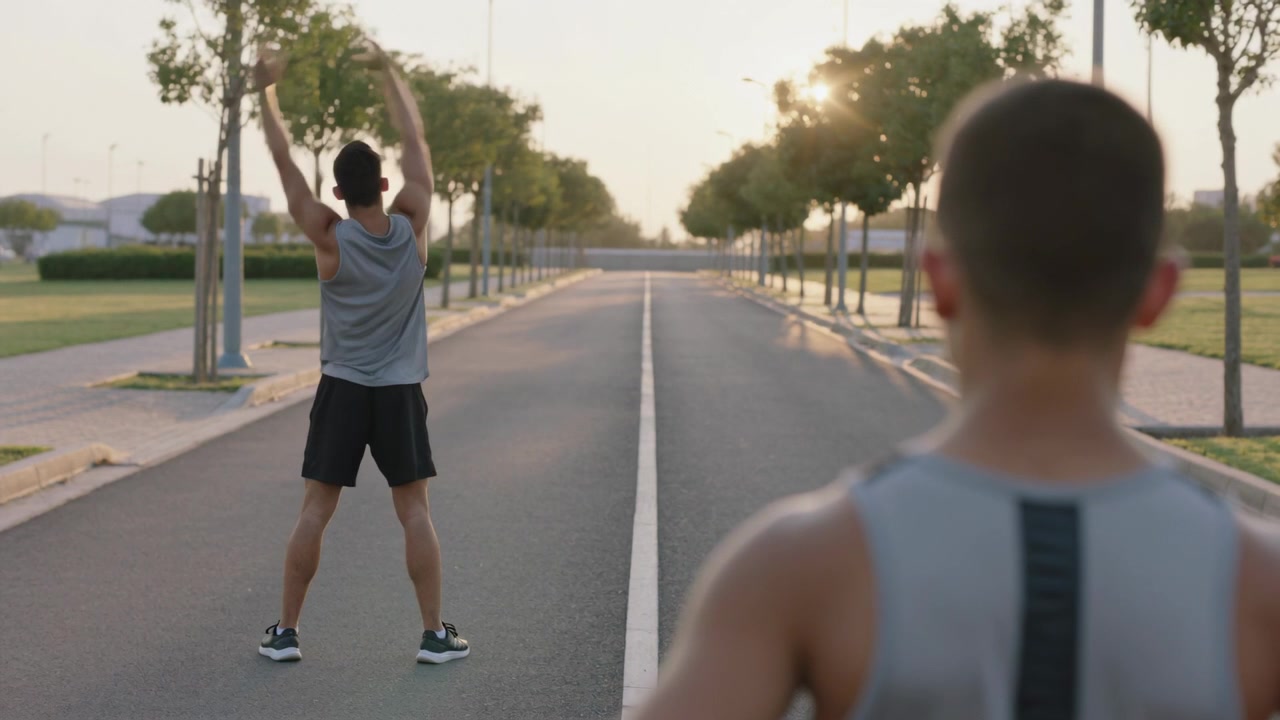 Stretching runner in grey top performing side bends under low sun with lane marking, copy space