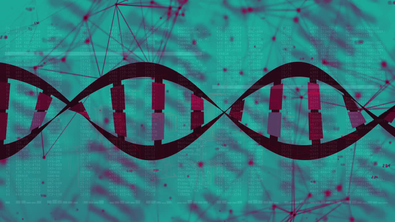 cadena de adn y codificación binaria, animación de procesamiento de datos científicos