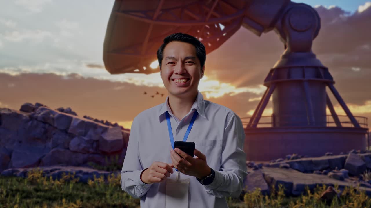Asian Male Professional Worker Standing With His Smartphone With Large Satellite Dish, He Is Looking At The Camera With A Smile