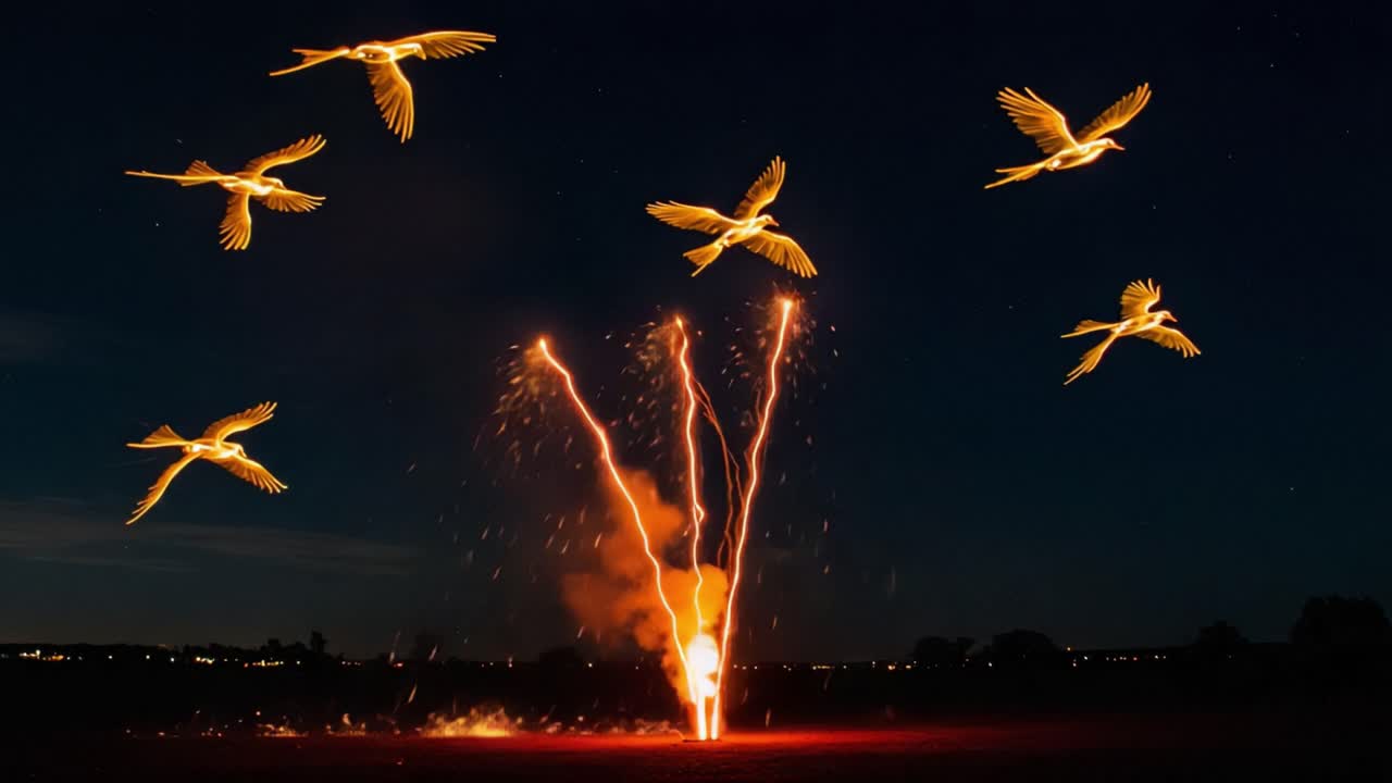 A Spectacular Display of Fireworks Illuminating the Night Sky with Birds in Flight, Creating an Enchanting Scene of Celebration and Wonder