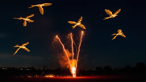 a spectacular display of fireworks illuminating the night sky with birds in flight, creating an enchanting scene of celebration and wonder