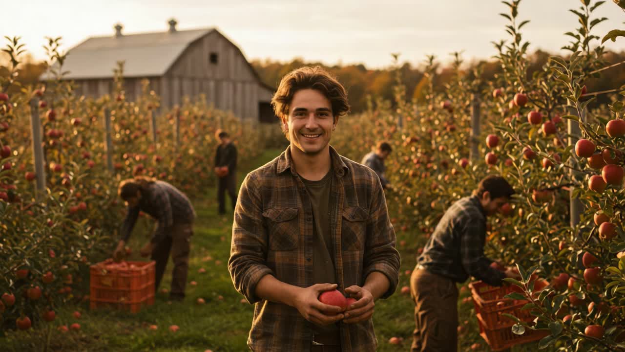 A Joyful Harvest Day: A Young Man Smiling Amidst Apple Trees While Fellow Workers Collecting Apples in the Orchard During Late Afternoon Golden Light