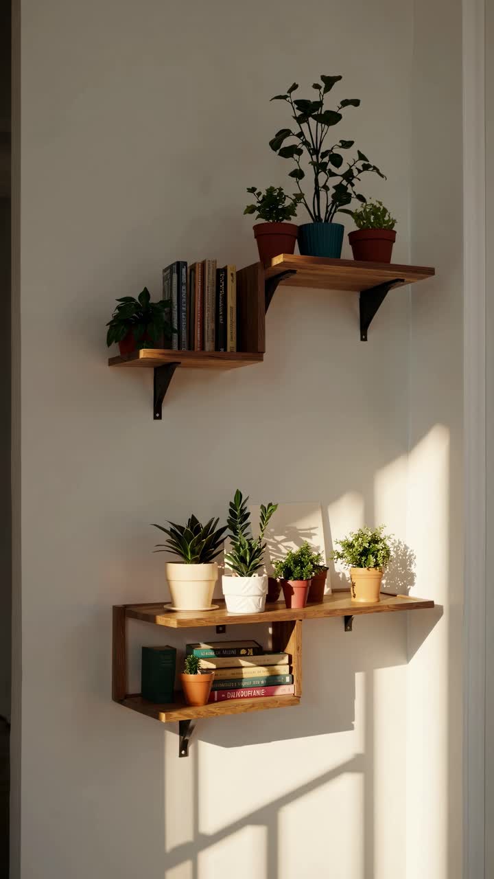 Warm, minimalist video concept featuring a side angle of wooden shelves with potted plants