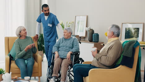 elderly people, smile and group talking with nurse