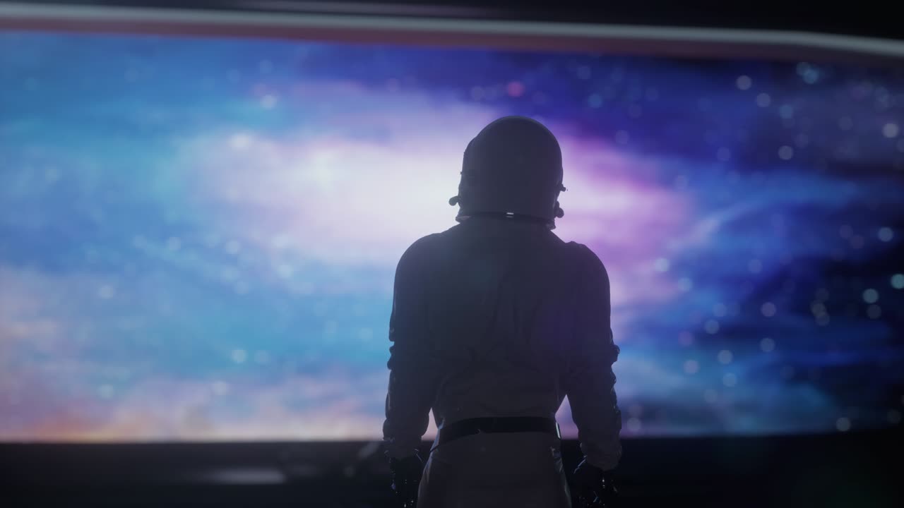 Alone astronaut in futuristic space corridor, room. Outer space view with many different stars, planets and cloud formations