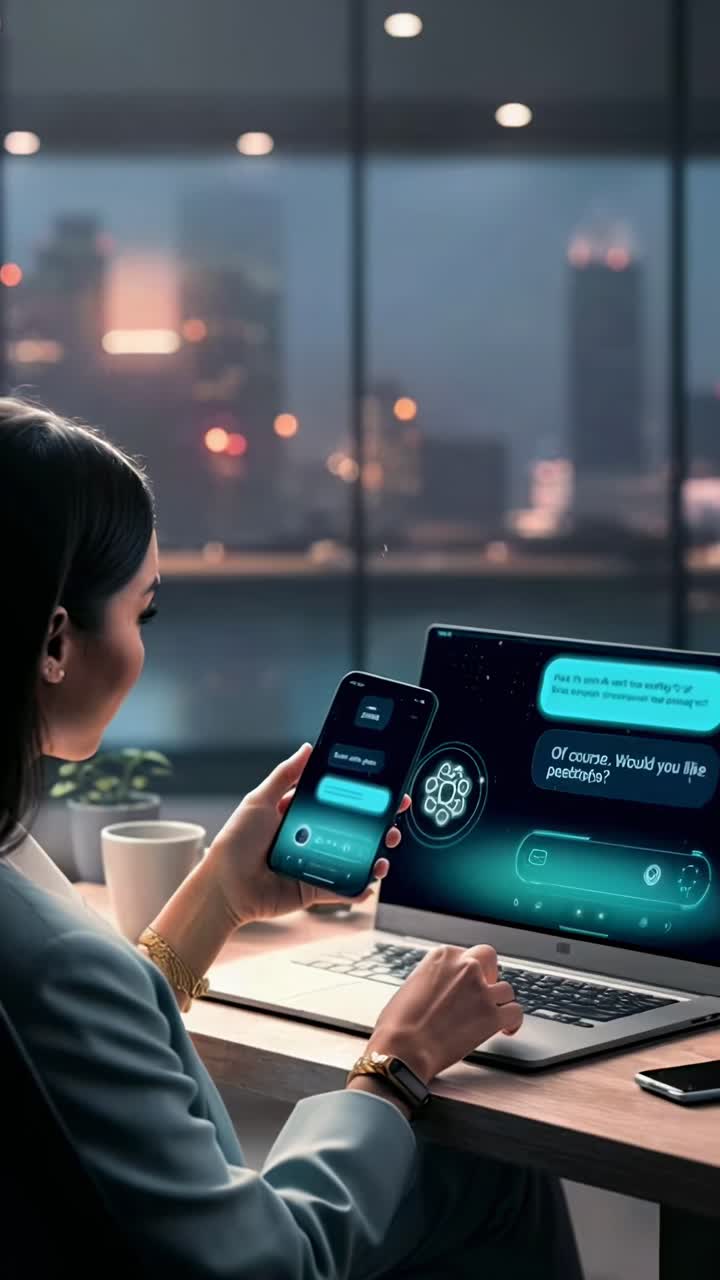 Over-skulder vinkel af en kvinde, der bruger telefon og bærbar computer, i et futuristisk videoopkaldsopsætning