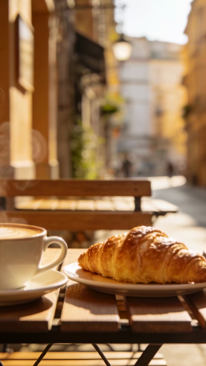 Vertical video: Sunlight warming cup and golden croissant, steam rising then fading on cafe table