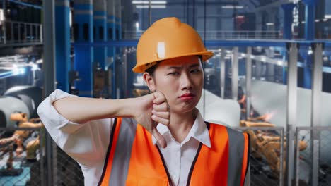 close up of asian female engineer with safety helmet standing in factory manufacture of wind turbines. showing thumbs down gesture and shaking his head while robotic arm working