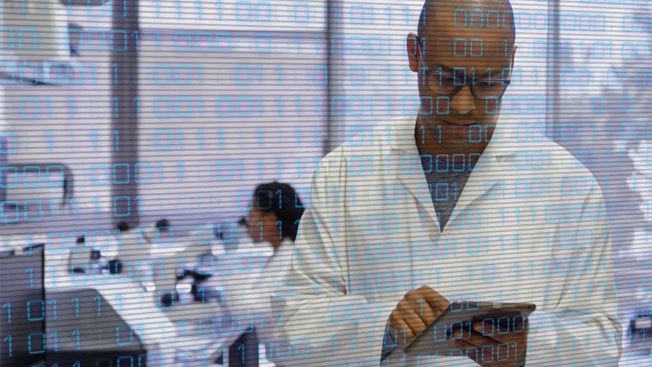 Animation of binary data processing over biracial man using tablet in research laboratory