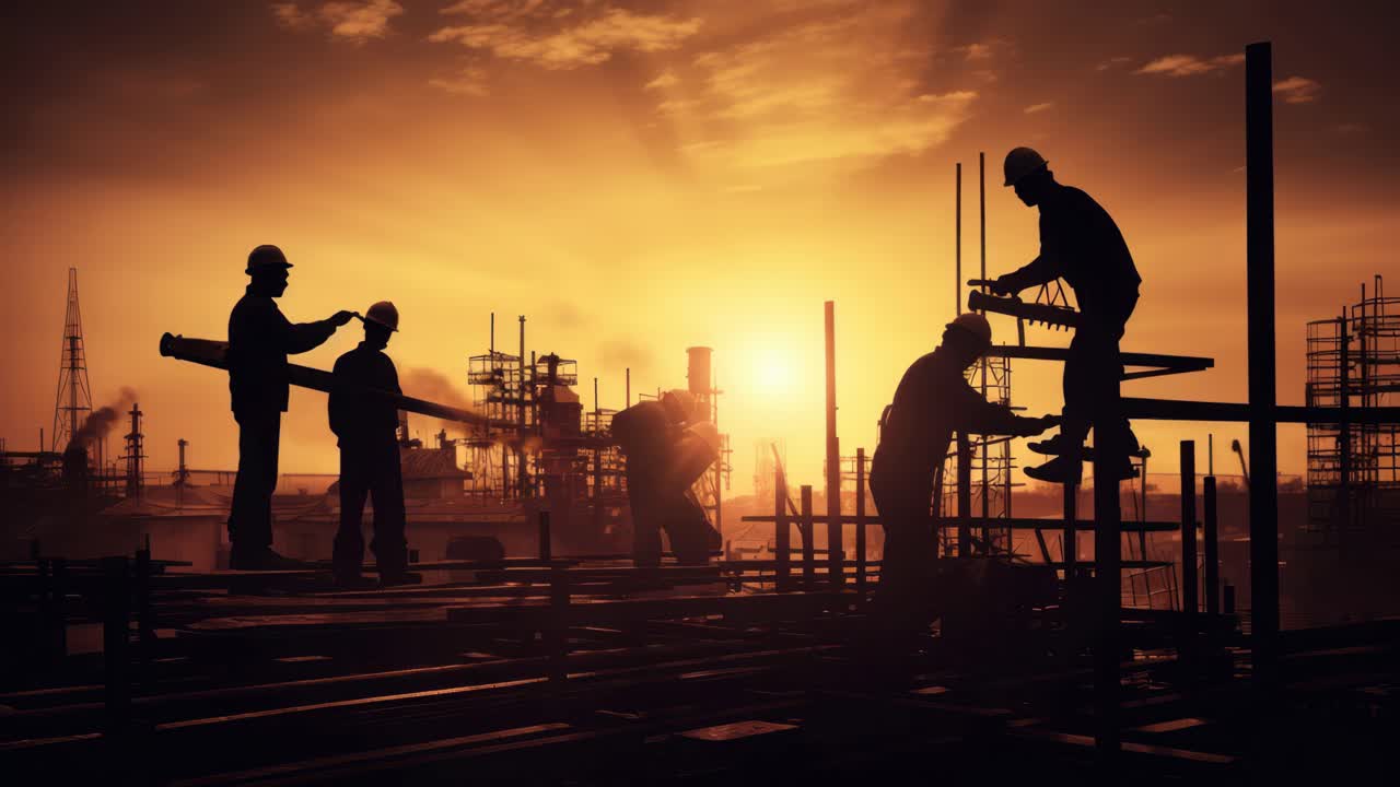 Silhouetted construction workers at sunset, captured from a low angle