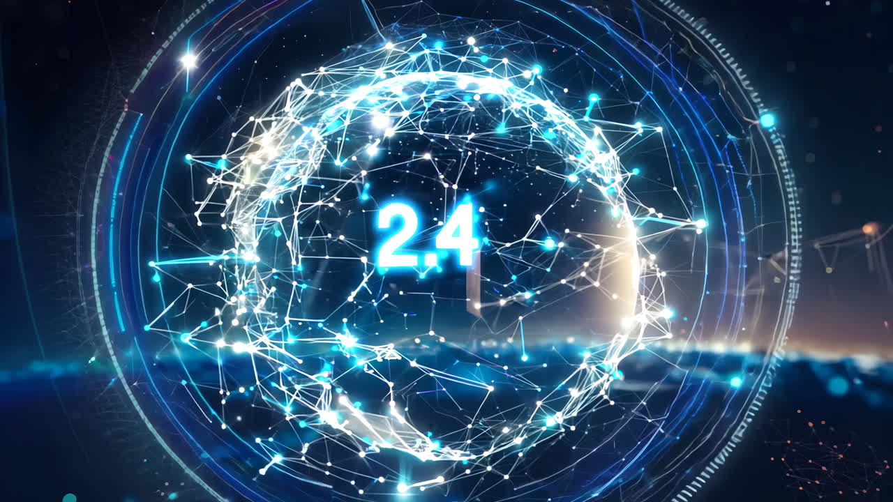 A blue sphere with the number 24 on it. The sphere is surrounded by a web of lines and dots