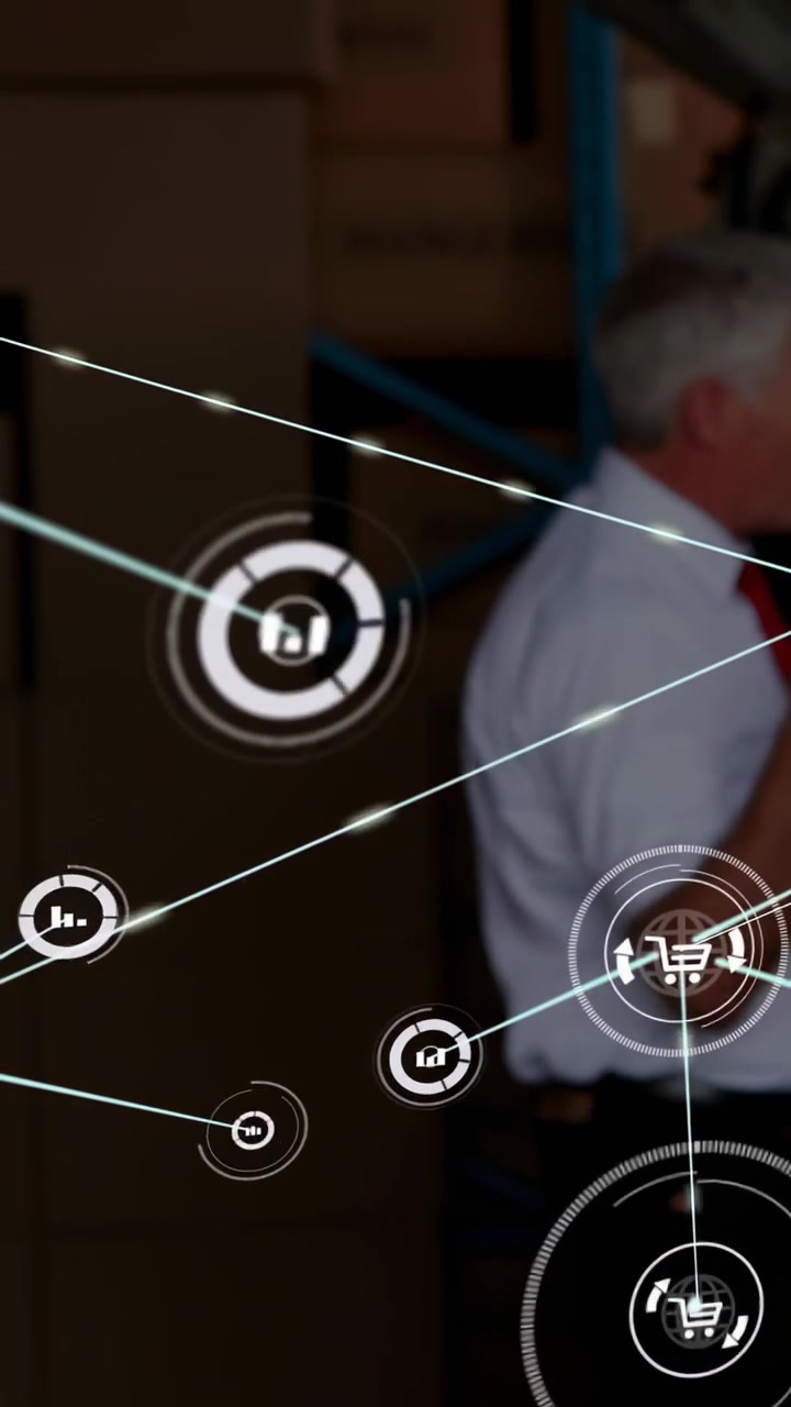 Vertical video: Man beside van, cam pulling back, HUD nodes linking carts charts showing fleet data