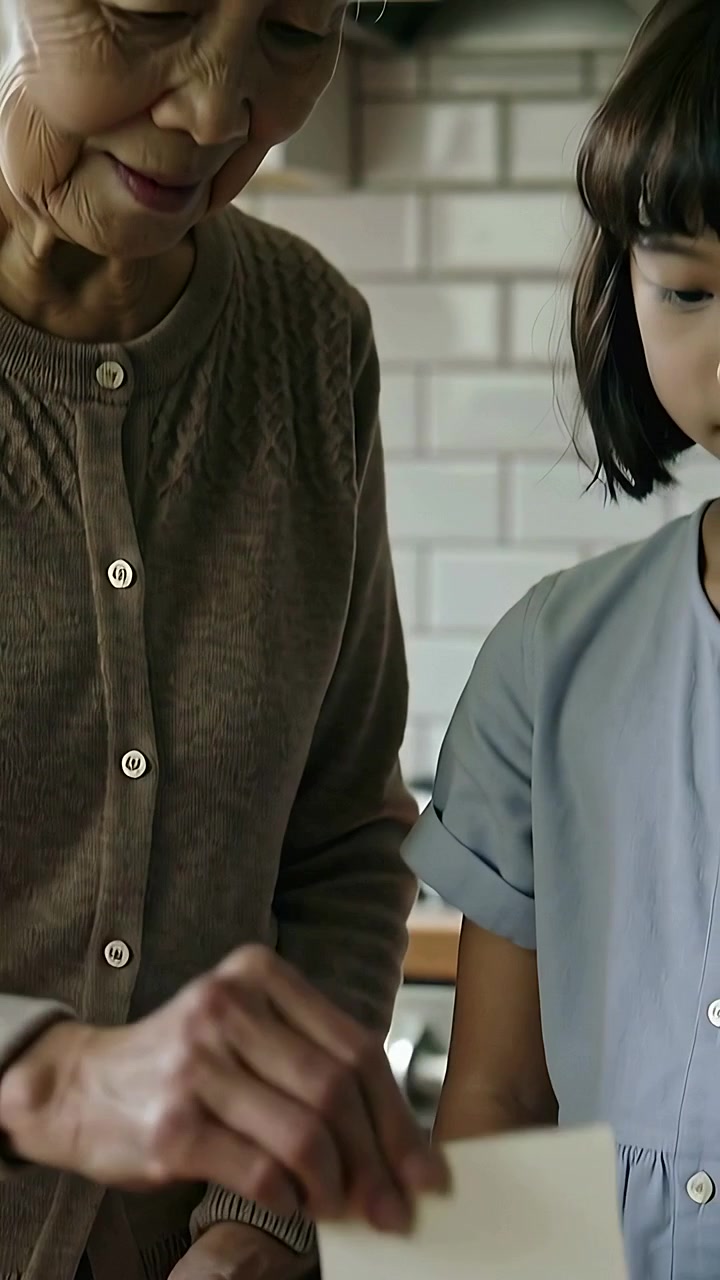 Video verticale: Nonna asiatica con cardigan che prende una scatola di legno e ordina delle carte in cucina