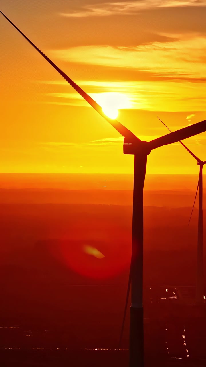 Ein atemberaubender Sonnenuntergang zur goldenen Stunde mit der rotierenden Silhouette einer Windkraftanlage, die saubere Energie und Nachhaltigkeit symbolisiert. Perfekt für Umwelt- und Projekte für erneuerbare Energien.