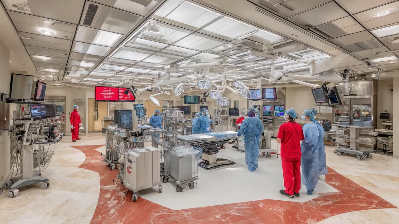 Inside a Modern Surgical Suite: An Overview of Advanced Operating Room Technology and Medical Personnel in Action During a Surgical Procedure