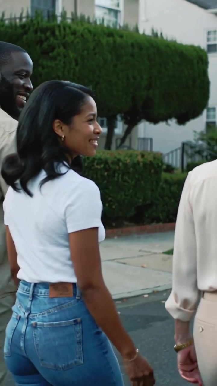 Vertical video: Walking family chatting on sidewalk, camera starting to follow, woman in white tee
