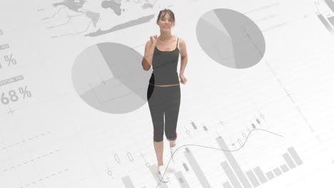 animation of statistical data processing over caucasian fit woman running against white background