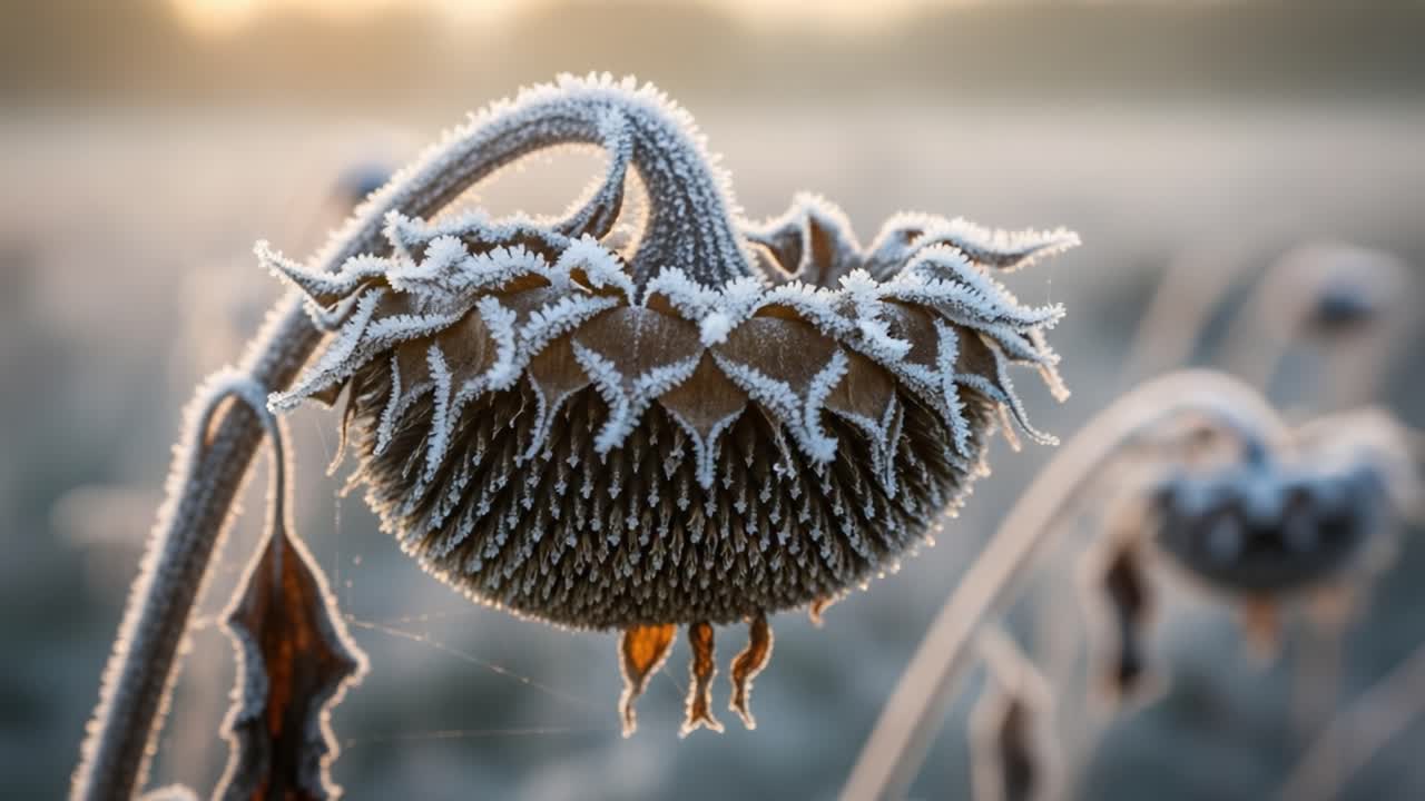 Captivating Frosted Sunflower Amidst a Winter Landscape: A Close-Up View of Nature's Unseen Beauty in a Cool Morning Light
